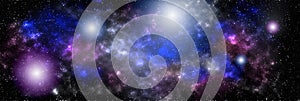 Planets and galaxy banner, science fiction wallpaper. Beauty of deep space. Billions of galaxies in the universe Cosmic art