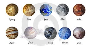 Planets hand drawn watercolor illustration. Mercury, Venus, Earth, Moon, Mars, Jupiter, Saturn, Uranus, Neptune, Pluto