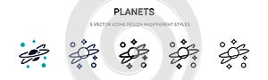Planets icon in filled, thin line, outline and stroke style. Vector illustration of two colored and black planets vector icons