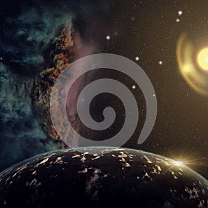 Planets with nebula and stars in cosmos