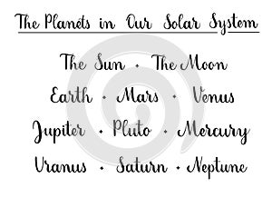The planets in our solar system. Hand written names of planet. Black vector text elements on white background.