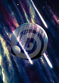 Planets over the nebulae in space with comets