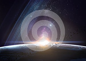 Planets over the nebulae in space