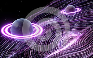 Planets with purple curve vortex lines, 3d rendering
