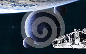 Planets and satellites in deep space, space station in orbit of exoplanet. Science fiction