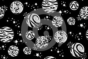 Planets seamless pattern black white doodle vector