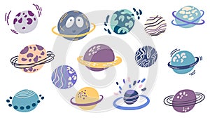 Planets set. Cute cartoon galaxy, space, solar system elements. Isolated design elements for children. Stickers, labels, icons,