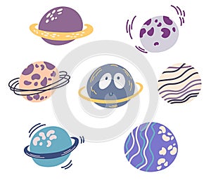 Planets set. Cute cartoon galaxy, space, solar system elements. Isolated design elements for children. Stickers, labels, icons,