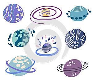 Planets set. Cute cartoon galaxy, space, solar system elements. Isolated design elements for children. Stickers, labels, icons,