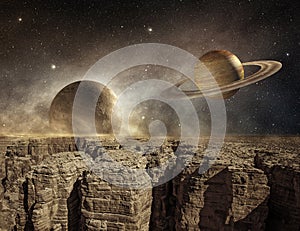 Planets in the sky of a barren landscape photo