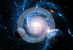 Planets of the solar system against the background of a spiral galaxy in space.