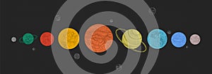 Planets of Solar system arranged in horizontal row against black background. Celestial bodies in outer space. Natural