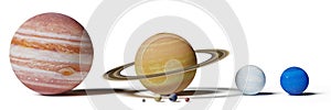 Solar system planets, Mercury, Venus, Earth, Mars, Jupiter, Saturn, Uranus and Neptune size comparison isolated white background photo