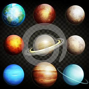 Planets of the solar system isolated on a transparent background. Set of realistic planets vector photo