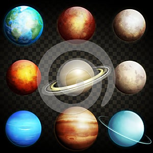 Planets of the solar system isolated on a transparent background. Set of realistic planets vector