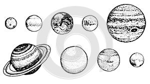 Planets in solar system. moon and the sun, mercury and earth, mars and venus, jupiter or saturn and pluto. astronomical