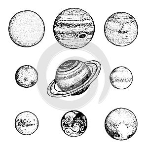 Planets in solar system. moon and the sun, mercury and earth, mars and venus, jupiter or saturn and pluto. astronomical