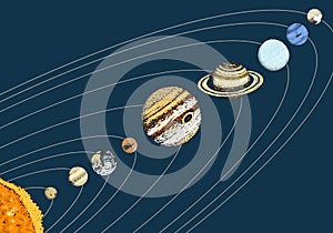 Planets in solar system. moon and the sun, mercury and earth, mars and venus, jupiter or saturn and pluto. astronomical