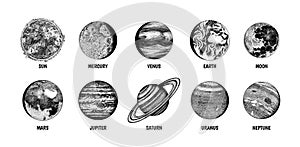 Planets in solar system. Moon and the sun, mercury and earth, mars and venus, jupiter or saturn and pluto. astronomical