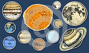 Planets in solar system. moon and the sun, mercury and earth, mars and venus, jupiter or saturn and pluto. astronomical