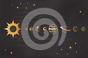 Planets Of Solar System Standing In Line Vector Outline Illustration With Golden Gradient. Solar System Panoram And