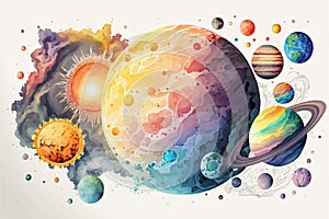 Planets of the Solar System watercolor poster set. photo