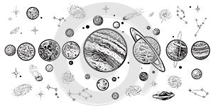 Planets and space hand drawn vector illustration. Solar system with satellites.
