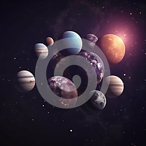 planets in space isolated on black background. planets magical illustration artwork