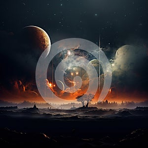 planets and space over a wasteland with a lonely tree