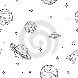 Planets and stars, simple black and white sketch. Vector illustration. A seamless pattern with a rocket and ufo is isolated on
