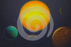 Simple deep space background with planets and sun.