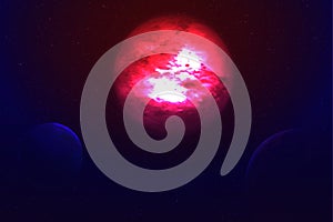 Deep space background with colorful planets.