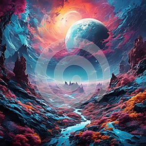 the planetscape in the sky with pink clouds above it