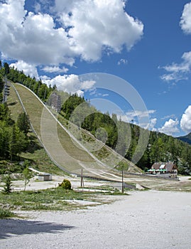 Planica Ski jumping hills in the summer. The Planica Nordic Centre. Julian Alps. Slovenia. Europe