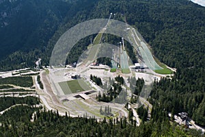 Planica sports centre with ski jumps in Julian Alps