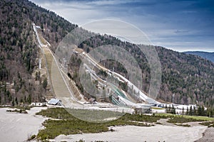 Planica sports centre with ski jumps, Julian Alps, Slovenia, Europe