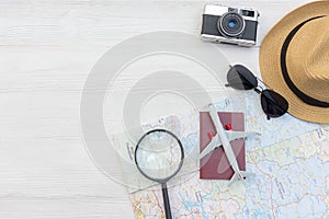 Planing Summer traveling passport with camera vintage, map, fish star, sun glasses, hat, airplane. Travel in the holiday, Top vie