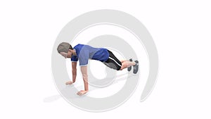 Plank Ins Man exercise animation 3d model on a white background in the Blue t-shirt. Low Poly Style