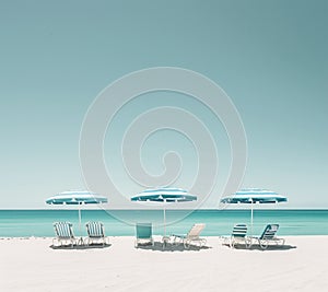 Plank loungers and tents on the white sand beach. Nobody around