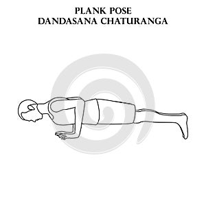 Plank pose yoga workout. Dandasana Chaturanga. Man doing yoga illustration outline