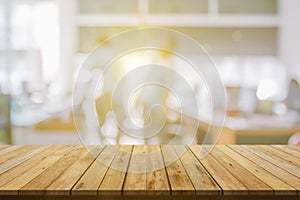 Plank wooden table top and blurred abstract background from interior building banner backdrop with desk blur, counter work people