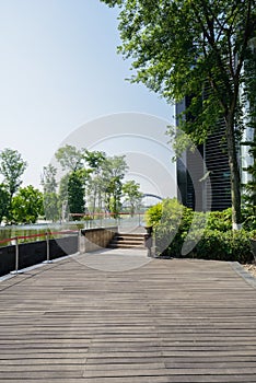 Planked pavement between modern building and pond in sunny summe