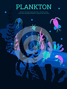 Plankton underwater world banner or poster design flat vector illustration.