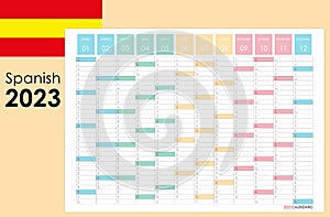 Planner calendar for 2023. Wall organizer, yearly planner template. Vector illustration. Vertical months. Spanish.