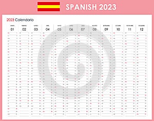 Planner calendar for 2023. Wall organizer, yearly planner template. Vector illustration. Vertical months. Spanish.