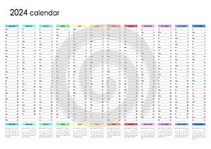 Planner calendar for 2024. wall organizer, yearly template, english