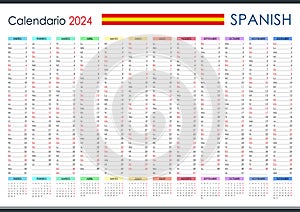 Planner calendar for 2024. Wall organizer, yearly template. Spanish.
