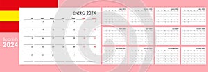 Planner calendar for 2024. Wall organizer, yearly template. Spanish.