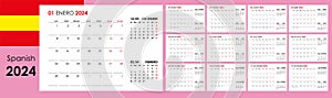 Planner calendar for 2024. Wall organizer, yearly template. Spanish.