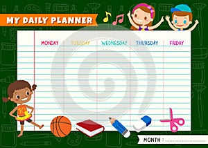 Daily planner with cute kids cartoon characters. A timetable for elementary school. Children weekly schedule design template